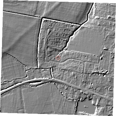 Shaded relief map of the ground around CB39LN, computed from Environment Agency LiDAR. The ground here sits at about 10 m above sea level and falls 6 m across the surrounding 800 m. Surface water reaching this point runs off ground lying to the west, 3.8 m higher.