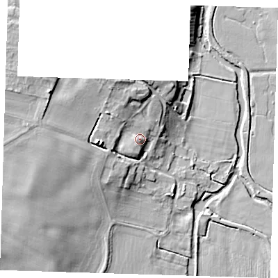Shaded relief map of the ground around CB39NB, computed from Environment Agency LiDAR. The ground here sits at about 14 m above sea level and falls 13 m across the surrounding 800 m. Surface water reaching this point runs off ground lying to the west, 5.9 m higher.
