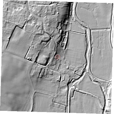 Shaded relief map of the ground around CB39ND, computed from Environment Agency LiDAR. The ground here sits at about 10 m above sea level and falls 13 m across the surrounding 800 m. Surface water reaching this point runs off ground lying to the west-north-west, 3.5 m higher.