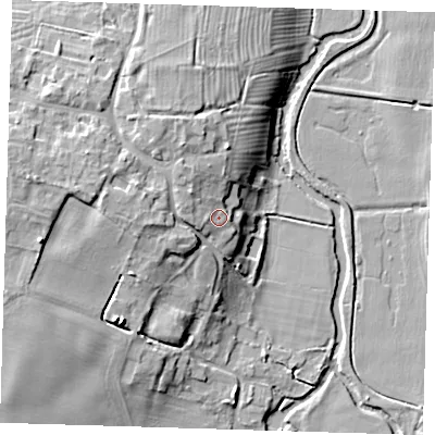 Shaded relief map of the ground around CB39NE, computed from Environment Agency LiDAR. The ground here sits at about 15 m above sea level and falls 13 m across the surrounding 800 m. Surface water reaching this point runs off ground lying to the north-west, 3.7 m higher.
