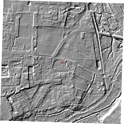 Shaded relief map of the ground around CB39PA, computed from Environment Agency LiDAR. The ground here sits at about 9 m above sea level and falls 6 m across the surrounding 800 m. Surface water reaching this point runs off ground lying to the west, 2.1 m higher.