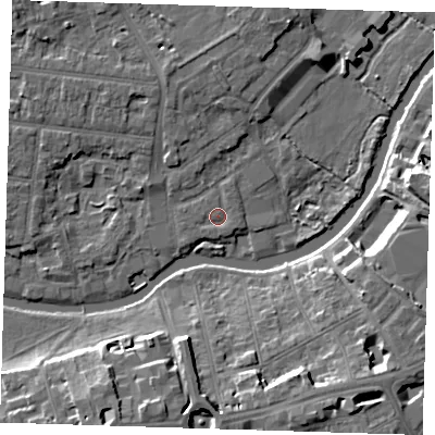 Shaded relief map of the ground around CB41BJ, computed from Environment Agency LiDAR. The ground here sits at about 5 m above sea level and falls 11 m across the surrounding 800 m. Surface water reaching this point runs off ground lying to the west-south-west, 0.7 m higher.