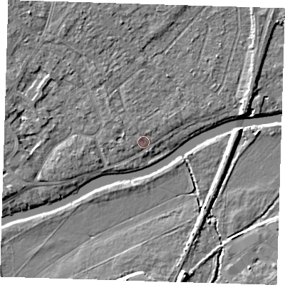 Shaded relief map of the ground around CB41BS, computed from Environment Agency LiDAR. The ground here sits at about 6 m above sea level and falls 6 m across the surrounding 800 m. Surface water reaching this point runs off ground lying to the north-north-west, 1.1 m higher.