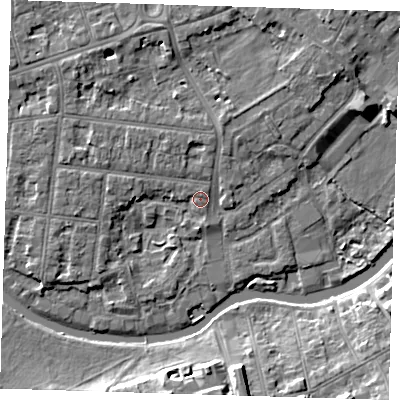 Shaded relief map of the ground around CB41DE, computed from Environment Agency LiDAR. The ground here sits at about 7 m above sea level and falls 10 m across the surrounding 800 m. Surface water reaching this point runs off ground lying to the north-west, 1.1 m higher.