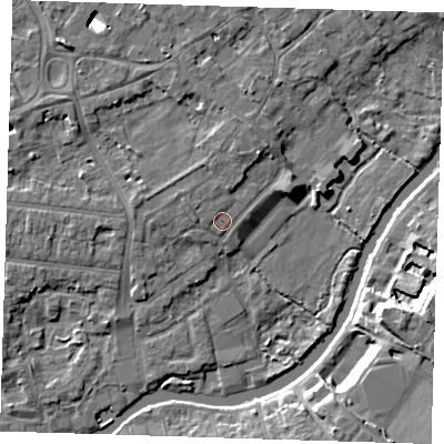 Shaded relief map of the ground around CB41DH, computed from Environment Agency LiDAR. The ground here sits at about 7 m above sea level and falls 10 m across the surrounding 800 m. Surface water reaching this point runs off ground lying to the north-west, 1.5 m higher.
