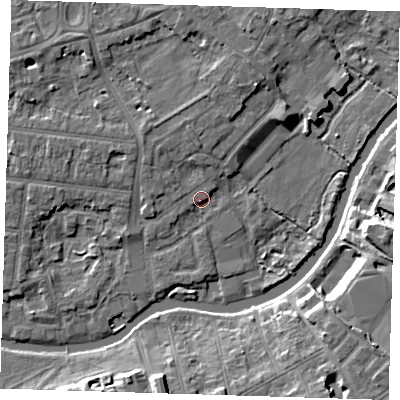 Shaded relief map of the ground around CB41DL, computed from Environment Agency LiDAR. The ground here sits at about 6 m above sea level and falls 10 m across the surrounding 800 m. Surface water reaching this point runs off ground lying to the north-west, 3.2 m higher.