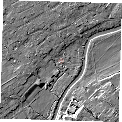 Shaded relief map of the ground around CB41DR, computed from Environment Agency LiDAR. The ground here sits at about 5 m above sea level and falls 11 m across the surrounding 800 m. Surface water reaching this point runs off ground lying to the north-west, 4.6 m higher.