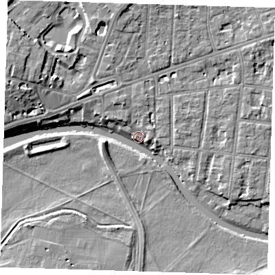 Shaded relief map of the ground around CB41DU, computed from Environment Agency LiDAR. The ground here sits at about 6 m above sea level and falls 10 m across the surrounding 800 m. Surface water reaching this point runs off ground lying to the north, 8.0 m higher.