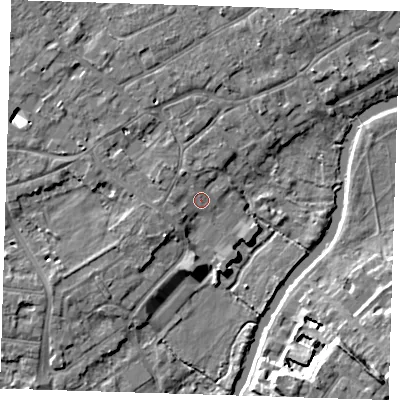 Shaded relief map of the ground around CB41DW, computed from Environment Agency LiDAR. The ground here sits at about 7 m above sea level and falls 11 m across the surrounding 800 m. Surface water reaching this point runs off ground lying to the west, 1.8 m higher.