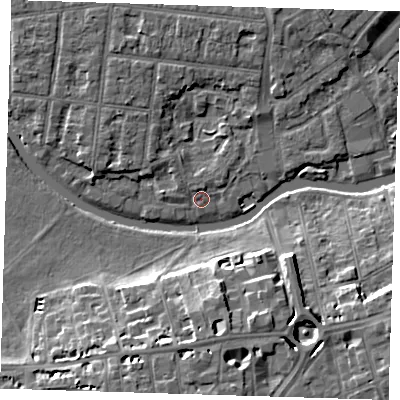 Shaded relief map of the ground around CB41EB, computed from Environment Agency LiDAR. The ground here sits at about 5 m above sea level and falls 11 m across the surrounding 800 m. Surface water reaching this point runs off ground lying to the north-west, 1.2 m higher.