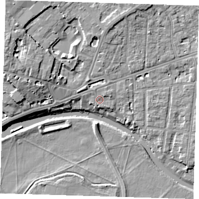 Shaded relief map of the ground around CB41EG, computed from Environment Agency LiDAR. The ground here sits at about 7 m above sea level and falls 11 m across the surrounding 800 m. Surface water reaching this point runs off ground lying to the north-east, 1.4 m higher.