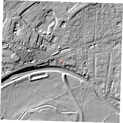 Shaded relief map of the ground around CB41EH, computed from Environment Agency LiDAR. The ground here sits at about 7 m above sea level and falls 11 m across the surrounding 800 m. Surface water reaching this point runs off ground lying to the east-north-east, 1.2 m higher.