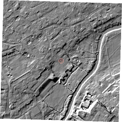 Shaded relief map of the ground around CB41EJ, computed from Environment Agency LiDAR. The ground here sits at about 6 m above sea level and falls 11 m across the surrounding 800 m. Surface water reaching this point runs off ground lying to the west, 2.6 m higher.
