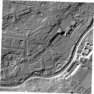Shaded relief map of the ground around CB41EQ, computed from Environment Agency LiDAR. The ground here sits at about 6 m above sea level and falls 10 m across the surrounding 800 m. Surface water reaching this point runs off ground lying to the north-north-west, 3.3 m higher.
