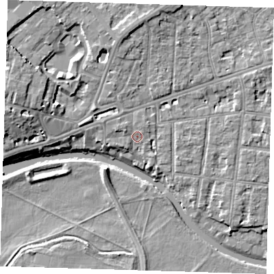 Shaded relief map of the ground around CB41EU, computed from Environment Agency LiDAR. The ground here sits at about 8 m above sea level and falls 10 m across the surrounding 800 m. Surface water reaching this point runs off ground lying to the west-north-west, 1.6 m higher.