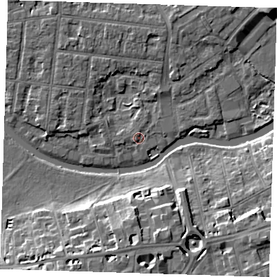 Shaded relief map of the ground around CB41FF, computed from Environment Agency LiDAR. The ground here sits at about 5 m above sea level and falls 11 m across the surrounding 800 m. Surface water reaching this point runs off ground lying to the north-north-west, 1.1 m higher.