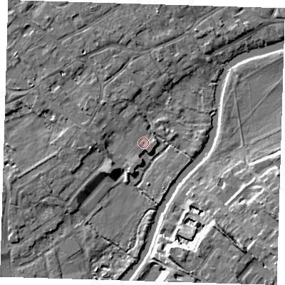 Shaded relief map of the ground around CB41GF, computed from Environment Agency LiDAR. The ground here sits at about 6 m above sea level and falls 11 m across the surrounding 800 m. Surface water reaching this point runs off ground lying to the west-north-west, 2.6 m higher.