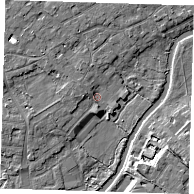 Shaded relief map of the ground around CB41GW, computed from Environment Agency LiDAR. The ground here sits at about 6 m above sea level and falls 11 m across the surrounding 800 m. Surface water reaching this point runs off ground lying to the west, 3.6 m higher.