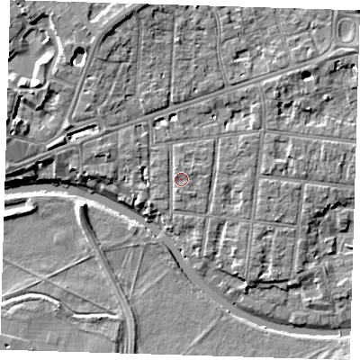 Shaded relief map of the ground around CB41HE, computed from Environment Agency LiDAR. The ground here sits at about 7 m above sea level and falls 8 m across the surrounding 800 m. Surface water reaching this point runs off ground lying to the west-north-west, 2.1 m higher.