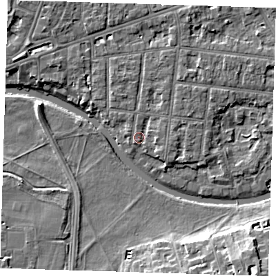 Shaded relief map of the ground around CB41HJ, computed from Environment Agency LiDAR. The ground here sits at about 7 m above sea level and falls 10 m across the surrounding 800 m. Surface water reaching this point runs off ground lying to the north-west, 3.4 m higher.