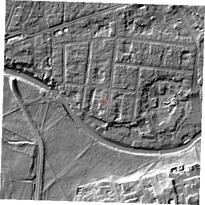 Shaded relief map of the ground around CB41HP, computed from Environment Agency LiDAR. The ground here sits at about 7 m above sea level and falls 10 m across the surrounding 800 m. The ground contributing surface water to this point lies to the north-east.