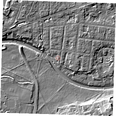 Shaded relief map of the ground around CB41HQ, computed from Environment Agency LiDAR. The ground here sits at about 7 m above sea level and falls 10 m across the surrounding 800 m. Surface water reaching this point runs off ground lying to the north-north-west, 3.6 m higher.