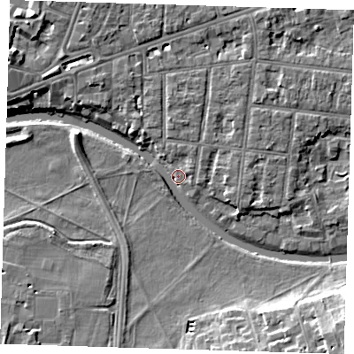 Shaded relief map of the ground around CB41HX, computed from Environment Agency LiDAR. The ground here sits at about 6 m above sea level and falls 10 m across the surrounding 800 m. Surface water reaching this point runs off ground lying to the south-east, 9.7 m higher.