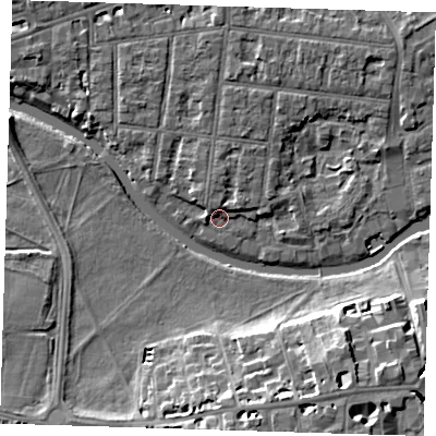 Shaded relief map of the ground around CB41JA, computed from Environment Agency LiDAR. The ground here sits at about 5 m above sea level and falls 11 m across the surrounding 800 m. Surface water reaching this point runs off ground lying to the east-north-east, 2.3 m higher.