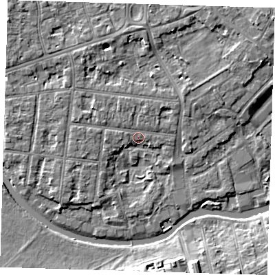 Shaded relief map of the ground around CB41JF, computed from Environment Agency LiDAR. The ground here sits at about 7 m above sea level and falls 8 m across the surrounding 800 m. Surface water reaching this point runs off ground lying to the north-north-west, 1.4 m higher.