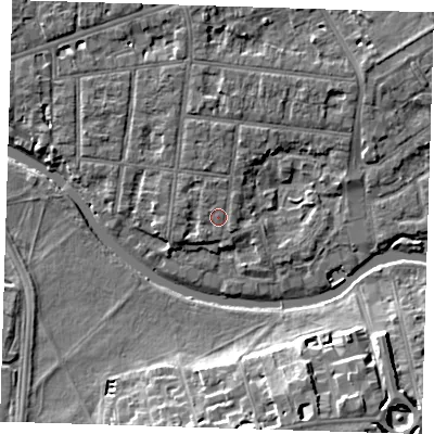 Shaded relief map of the ground around CB41JH, computed from Environment Agency LiDAR. The ground here sits at about 7 m above sea level and falls 10 m across the surrounding 800 m. Surface water reaching this point runs off ground lying to the north, 2.5 m higher.