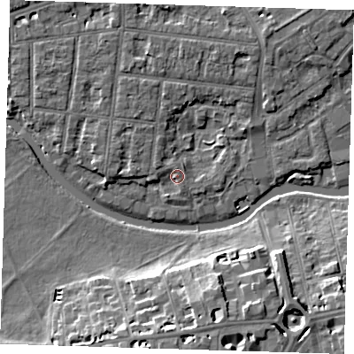 Shaded relief map of the ground around CB41JL, computed from Environment Agency LiDAR. The ground here sits at about 6 m above sea level and falls 10 m across the surrounding 800 m. Surface water reaching this point runs off ground lying to the west, 1.6 m higher.