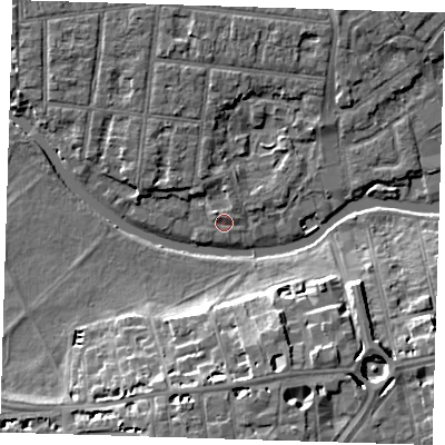 Shaded relief map of the ground around CB41JN, computed from Environment Agency LiDAR. The ground here sits at about 5 m above sea level and falls 11 m across the surrounding 800 m. Surface water reaching this point runs off ground lying to the north-west, 1.0 m higher.