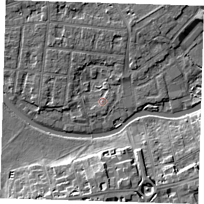 Shaded relief map of the ground around CB41JP, computed from Environment Agency LiDAR. The ground here sits at about 6 m above sea level and falls 11 m across the surrounding 800 m. Surface water reaching this point runs off ground lying to the west, 1.8 m higher.