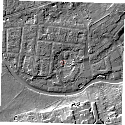 Shaded relief map of the ground around CB41JS, computed from Environment Agency LiDAR. The ground here sits at about 5 m above sea level and falls 10 m across the surrounding 800 m. Surface water reaching this point runs off ground lying to the north-north-west, 5.0 m higher.