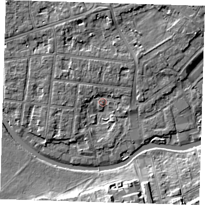 Shaded relief map of the ground around CB41JU, computed from Environment Agency LiDAR. The ground here sits at about 6 m above sea level and falls 10 m across the surrounding 800 m. Surface water reaching this point runs off ground lying to the north-north-west, 5.0 m higher.