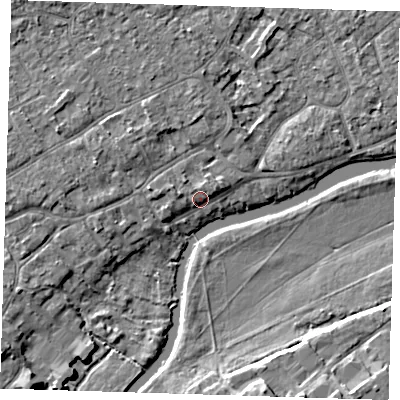 Shaded relief map of the ground around CB41NZ, computed from Environment Agency LiDAR. The ground here sits at about 6 m above sea level and falls 7 m across the surrounding 800 m. Surface water reaching this point runs off ground lying to the north, 1.9 m higher.