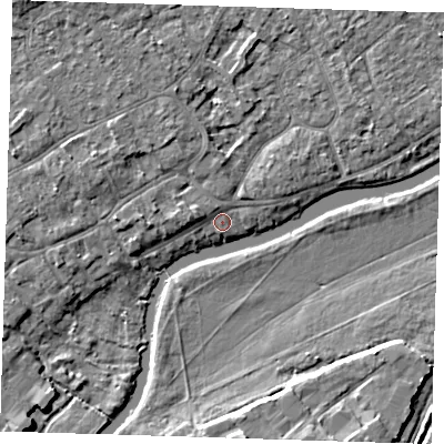Shaded relief map of the ground around CB41PA, computed from Environment Agency LiDAR. The ground here sits at about 6 m above sea level and falls 7 m across the surrounding 800 m. Surface water reaching this point runs off ground lying to the west-north-west, 2.0 m higher.