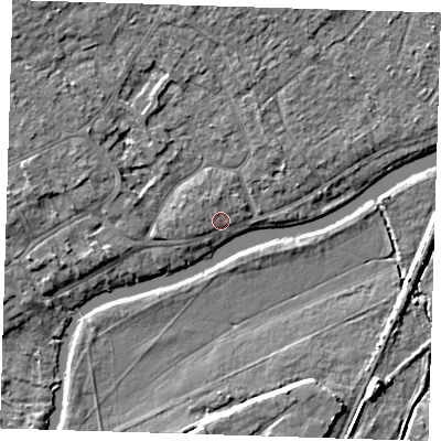 Shaded relief map of the ground around CB41PB, computed from Environment Agency LiDAR. The ground here sits at about 6 m above sea level and falls 5 m across the surrounding 800 m. Surface water reaching this point runs off ground lying to the west-north-west, 1.4 m higher.