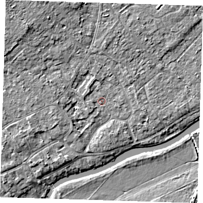 Shaded relief map of the ground around CB41PD, computed from Environment Agency LiDAR. The ground here sits at about 6 m above sea level and falls 7 m across the surrounding 800 m. Surface water reaching this point runs off ground lying to the north-west, 5.0 m higher.