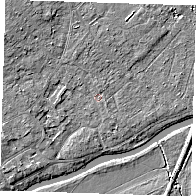 Shaded relief map of the ground around CB41PE, computed from Environment Agency LiDAR. The ground here sits at about 6 m above sea level and falls 6 m across the surrounding 800 m. Surface water reaching this point runs off ground lying to the north-north-west, 1.2 m higher.