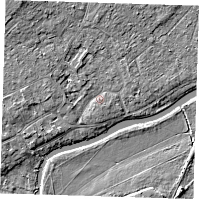 Shaded relief map of the ground around CB41PF, computed from Environment Agency LiDAR. The ground here sits at about 6 m above sea level and falls 6 m across the surrounding 800 m. Surface water reaching this point runs off ground lying to the north-west, 5.4 m higher.