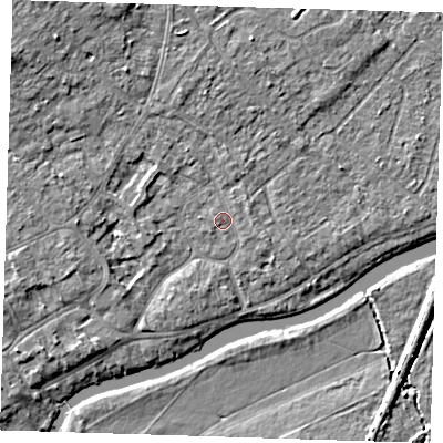 Shaded relief map of the ground around CB41PG, computed from Environment Agency LiDAR. The ground here sits at about 6 m above sea level and falls 6 m across the surrounding 800 m. Surface water reaching this point runs off ground lying to the east-north-east, 0.9 m higher.