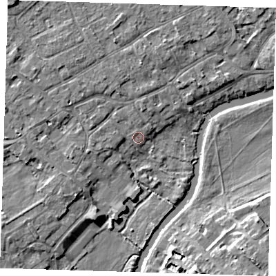 Shaded relief map of the ground around CB41PQ, computed from Environment Agency LiDAR. The ground here sits at about 6 m above sea level and falls 10 m across the surrounding 800 m. Surface water reaching this point runs off ground lying to the north-north-west, 0.8 m higher.