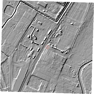 Shaded relief map of the ground around CB41PS, computed from Environment Agency LiDAR. The ground here sits at about 6 m above sea level and falls 8 m across the surrounding 800 m. Surface water reaching this point runs off ground lying to the south, 1.8 m higher.