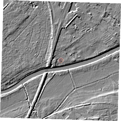 Shaded relief map of the ground around CB41RF, computed from Environment Agency LiDAR. The ground here sits at about 5 m above sea level and falls 6 m across the surrounding 800 m. Surface water reaching this point runs off ground lying to the west-north-west, 1.6 m higher.