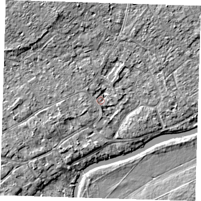 Shaded relief map of the ground around CB41RL, computed from Environment Agency LiDAR. The ground here sits at about 6 m above sea level and falls 6 m across the surrounding 800 m. Surface water reaching this point runs off ground lying to the north-north-west, 2.4 m higher.