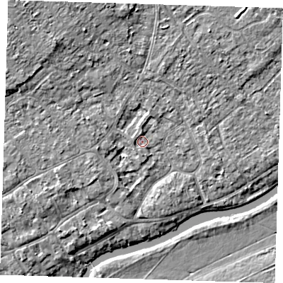 Shaded relief map of the ground around CB41SQ, computed from Environment Agency LiDAR. The ground here sits at about 6 m above sea level and falls 7 m across the surrounding 800 m. Surface water reaching this point runs off ground lying to the north, 1.4 m higher.