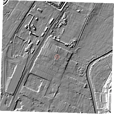 Shaded relief map of the ground around CB41TH, computed from Environment Agency LiDAR. The ground here sits at about 7 m above sea level and falls 9 m across the surrounding 800 m. Surface water reaching this point runs off ground lying to the north, 1.1 m higher.