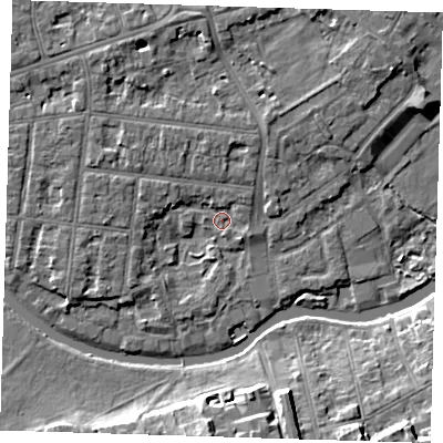 Shaded relief map of the ground around CB41TR, computed from Environment Agency LiDAR. The ground here sits at about 6 m above sea level and falls 10 m across the surrounding 800 m. Surface water reaching this point runs off ground lying to the north-north-west, 1.5 m higher.