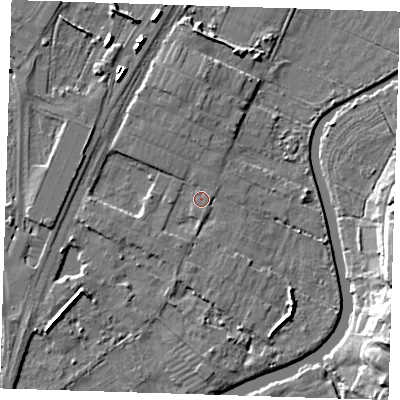 Shaded relief map of the ground around CB41TU, computed from Environment Agency LiDAR. The ground here sits at about 6 m above sea level and falls 10 m across the surrounding 800 m. Surface water reaching this point runs off ground lying to the south-west, 1.2 m higher.